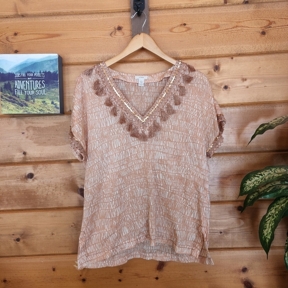 J. Crew Tops - J Crew 💜 Sea Grass Peach Top Tassle Fringe‎ Sequin Bead Trim Shirt Semi Sheer 6